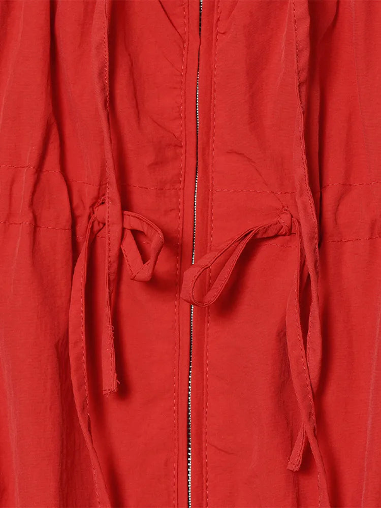 Hooded Zippered Stand Collar Lace-Up Jacket for Women