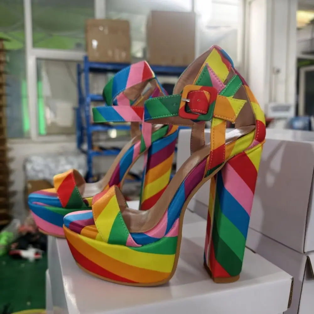 Rainbow Satin Buckle Heel Sandals