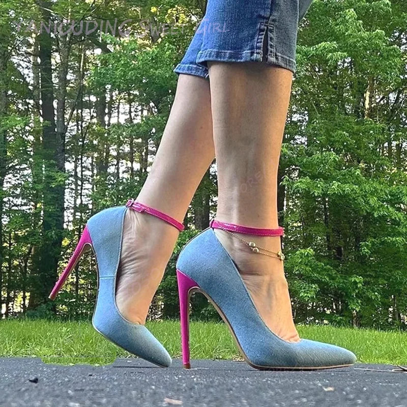 Denim Ankle Buckle Pumps Pointed Toe High Heels For Women