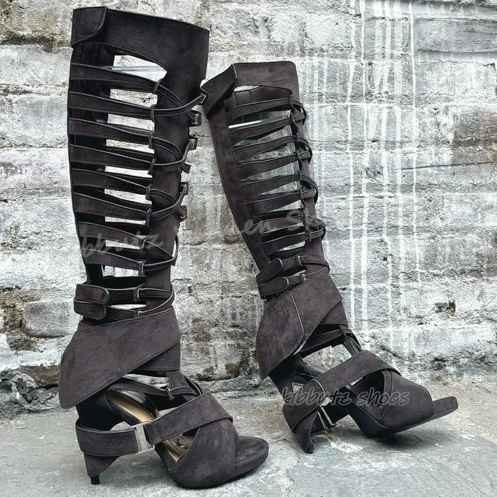 Cross Strap Suede Knee High Boots