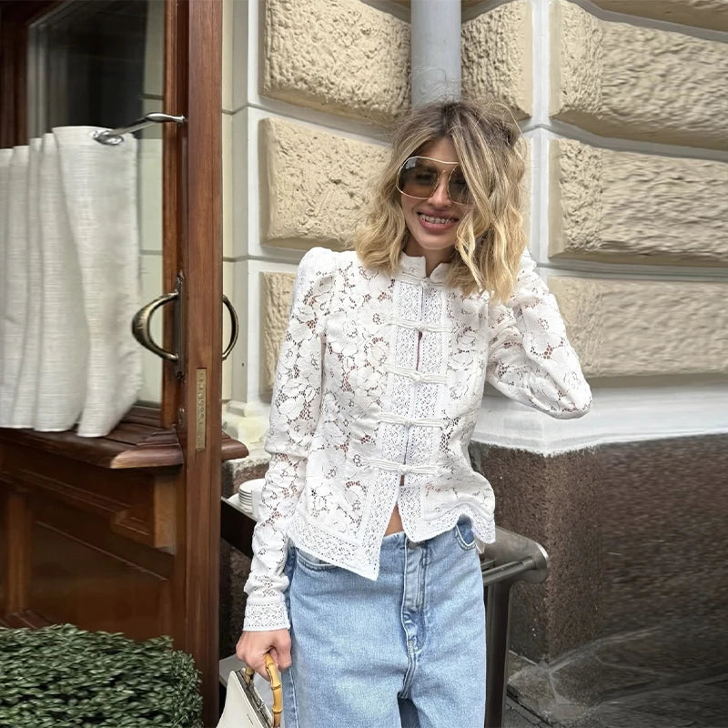Elegant Embroidered Puff Sleeve Hollow Out Lace Blouse for Women