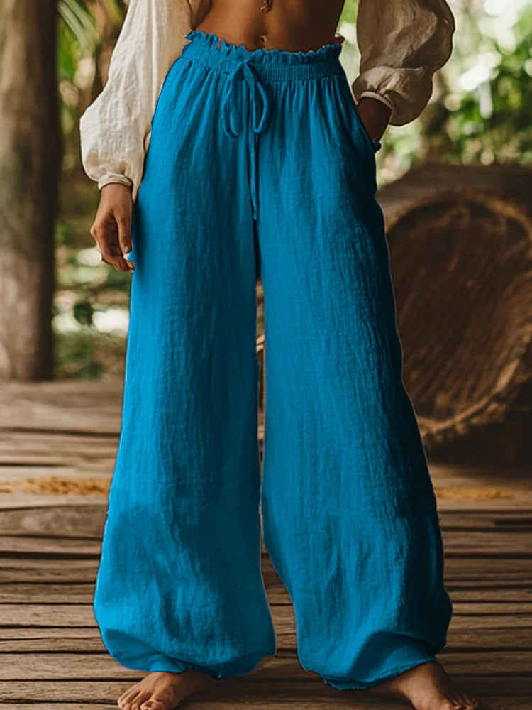 Women's Cotton and Linen Casual Loose Wide Leg Pants Autumn Retro Elastic Waist Drawstring Tied Pocket Pants Ethnic Vacation