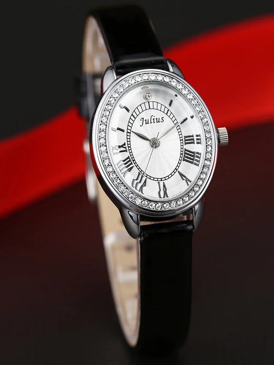 Small Oval Rhinestones Julius Lady Women's Watch Japan Quartz Elegant Fashion Hours Bracelet Leather Girl's Gift Box