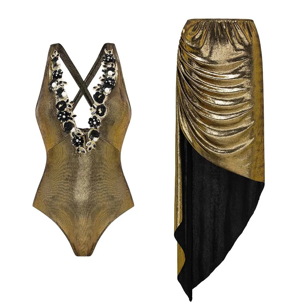 CM.YAYA Women Swimwears Butterfly Beach Strapless Swimsuit + Long Skirt Holiday Summer Two 2pcs Set Bikinis Set Bathing Suit