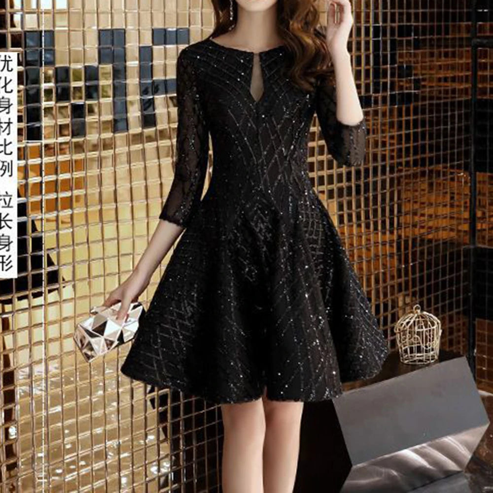 Black O-Neck Mid-Calf Evening Dress With Tatting For Women