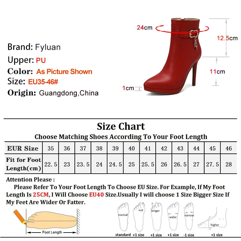 Red High Heel Pointed Toe Ankle Boots