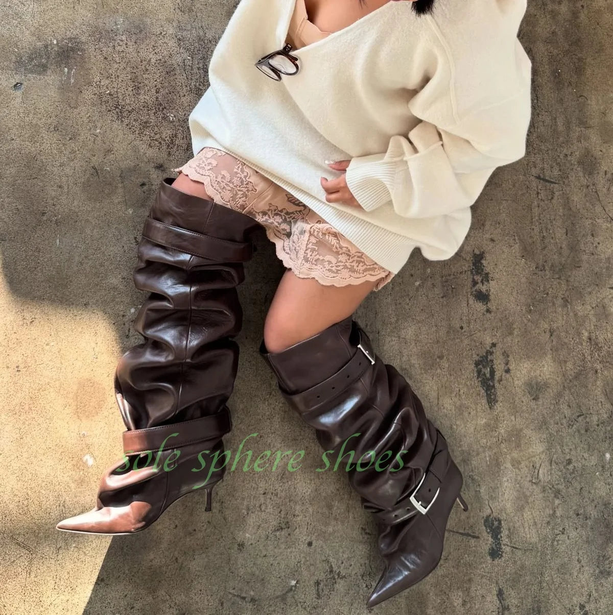 Pleated Buckle Strap Pointed Toe Knee High Boots for Women