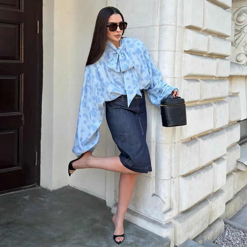 Elegant Printed Long Sleeve Lace Up Collar Blouse for Women