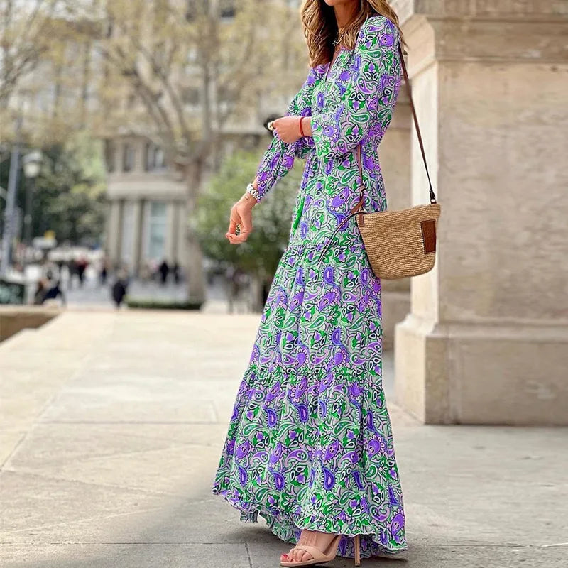 2026 New In-Stock Women's Fashion V-Neck Long-Sleeve Mid-Length Bohemian