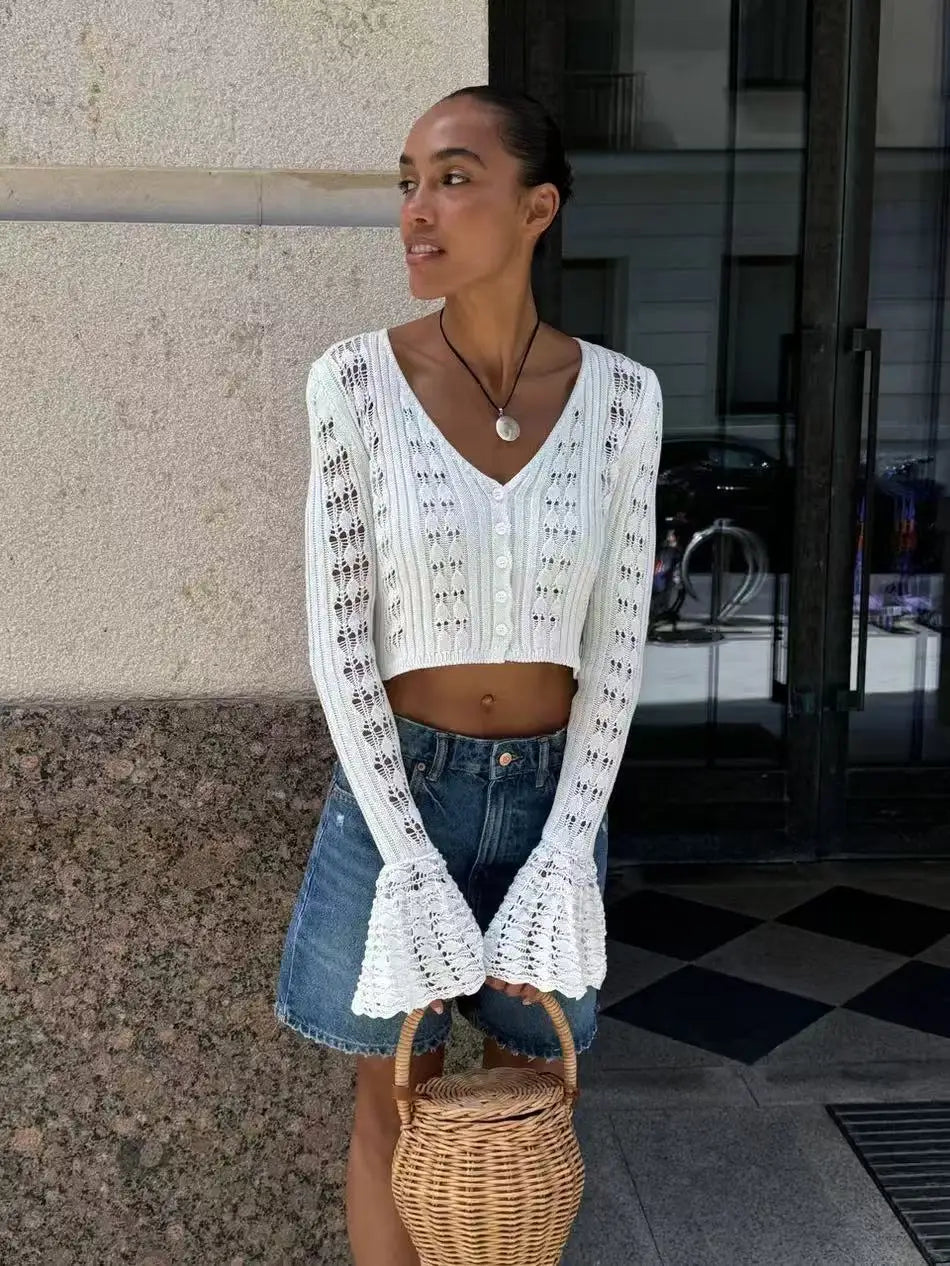 Autumn Knitted Cardigan Female Solid V-Neck Hollow Out Short Knitted Top Fashion Casual Loose Commuter Female T-Shirt