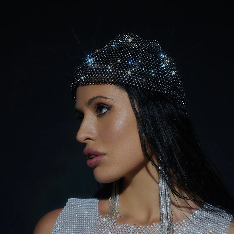 Sparkly Rhinestone Fishnet Turban Head Wrap for Women