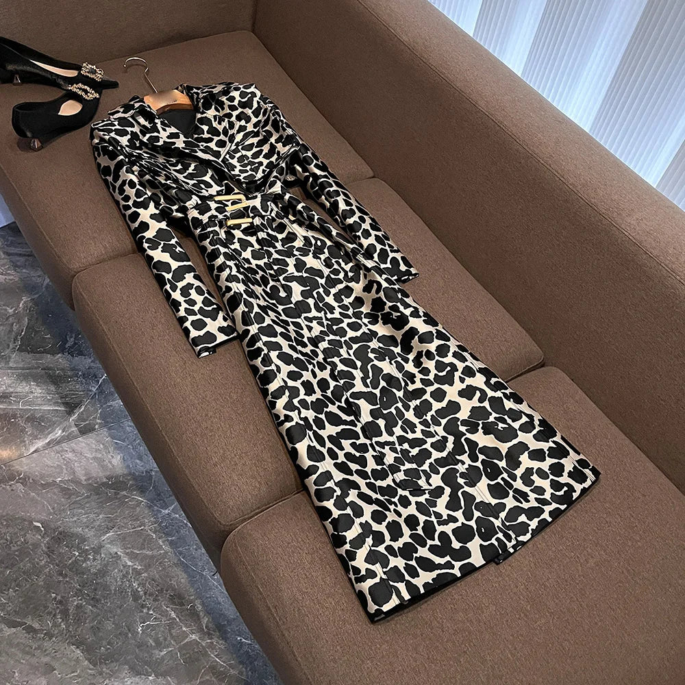 TWOTWINSTYLE British Style Leopard Print Coat For Women Lapel Long Sleeve Spliced Belt Temperament Trench Coats Female KJA545065