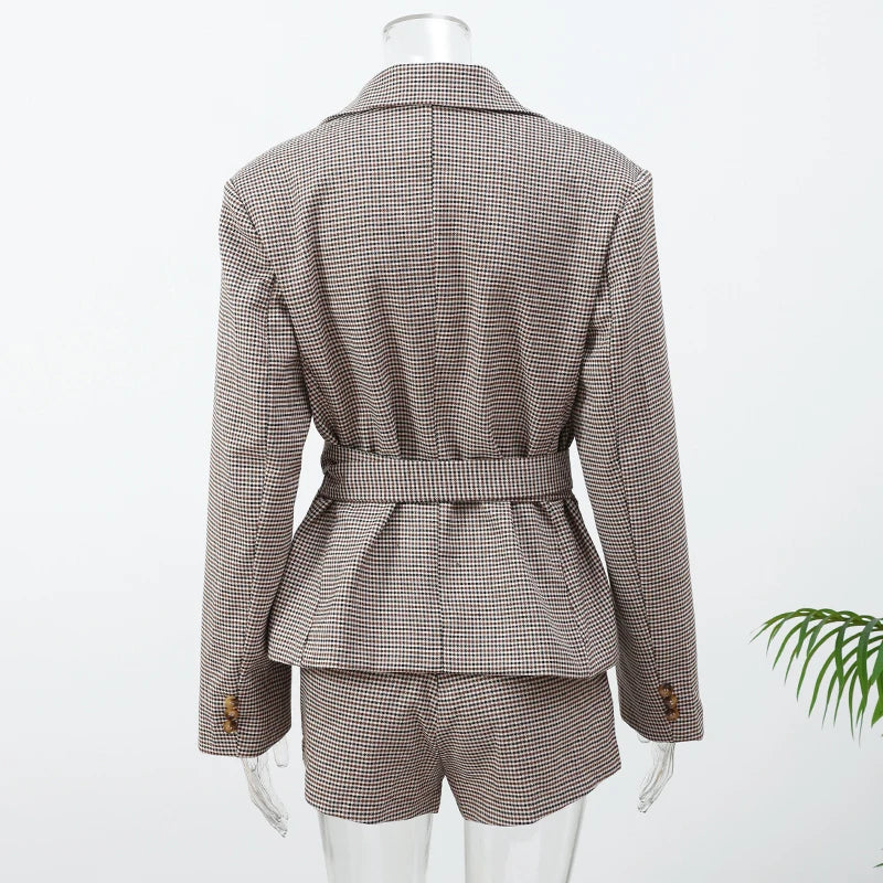 Vintage Plaid Lapel Blazer and Shorts Set for Women