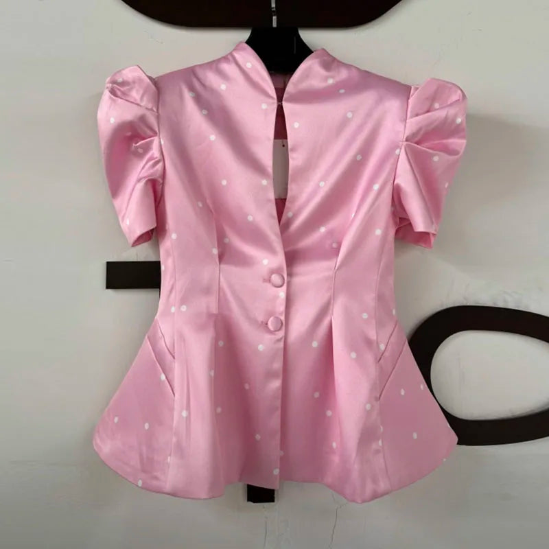 Elegant Printed Puff Sleeve Stand Collar Shirt for Women