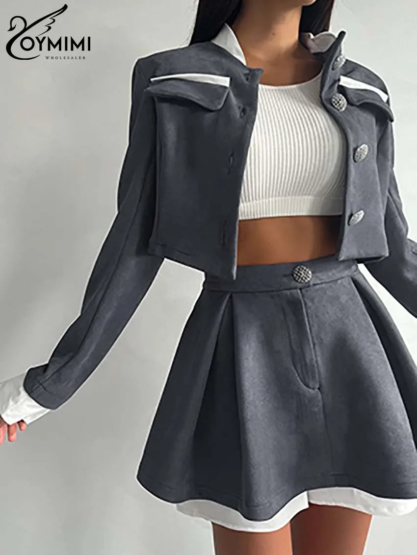 Oymimi Elegant Grey Patchwork Women 2 Piece Set Outfit Fashion Long Sleeve Pockets Button Crop Shirts And Pleated Mini Skirts