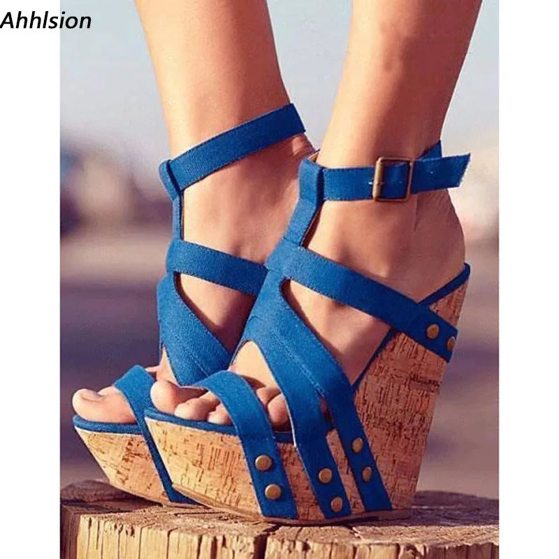 Elegant Round Toe Blue Platform Wedge Sandals For Women