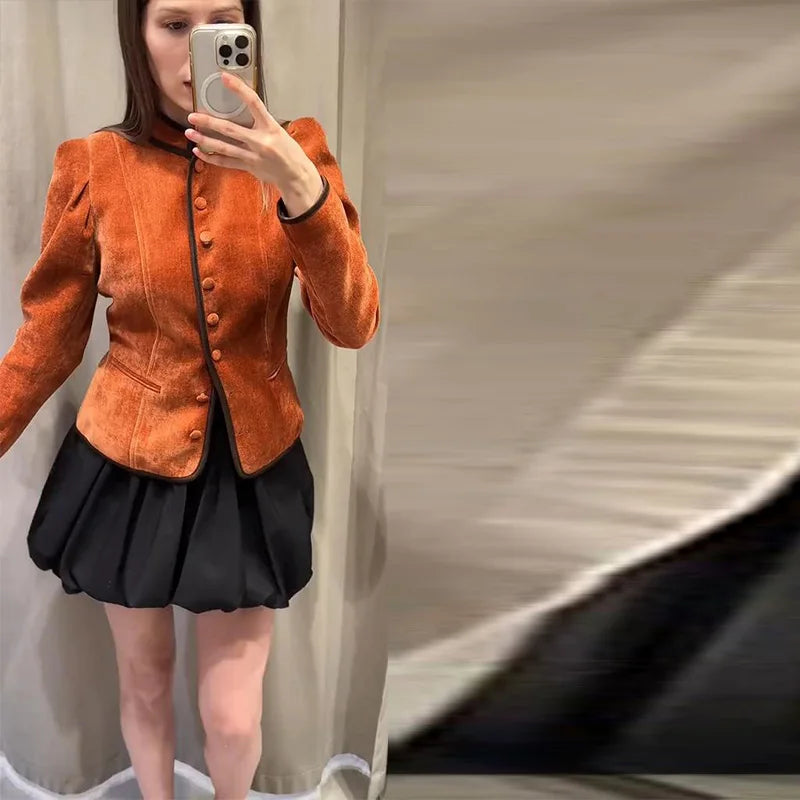 Slim Stand Collar Single-Breasted Short Jacket for Women