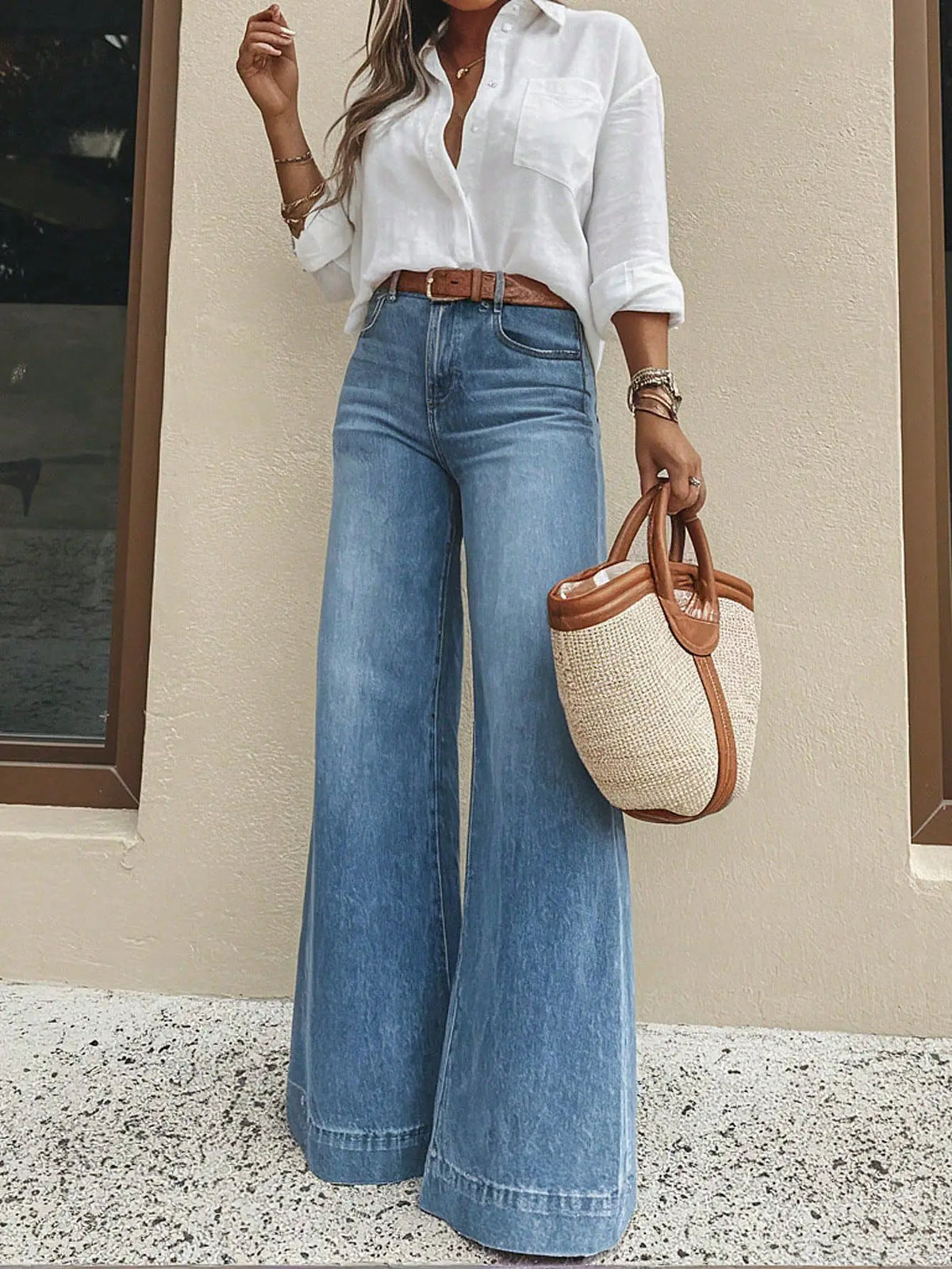 Distressed High Waist Wide Leg Jeans