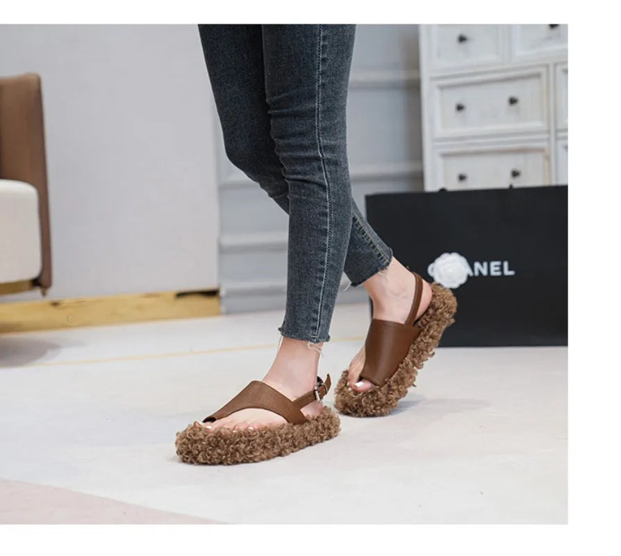 Cozy Plush Buckle Strap Flat Toe Slippers for Women