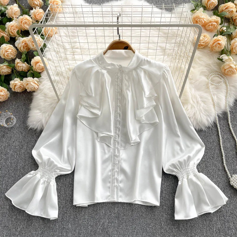 Elegant Satin Ruffle Long Sleeve Blouse for Women