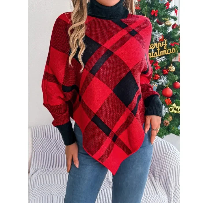 Casual Christmas Sweater Women Clothing Color Contrasting Checkered High Collar Long Sleeve Hooded Tops Y2k 2024 Autumn/Winter