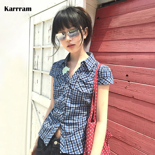 Karrram Japanese Y2k Plaid Shirt Vintage Harajuku V-neck Blouses Korean Fashion Women Short Sleeve Shirts 2000s American Retro