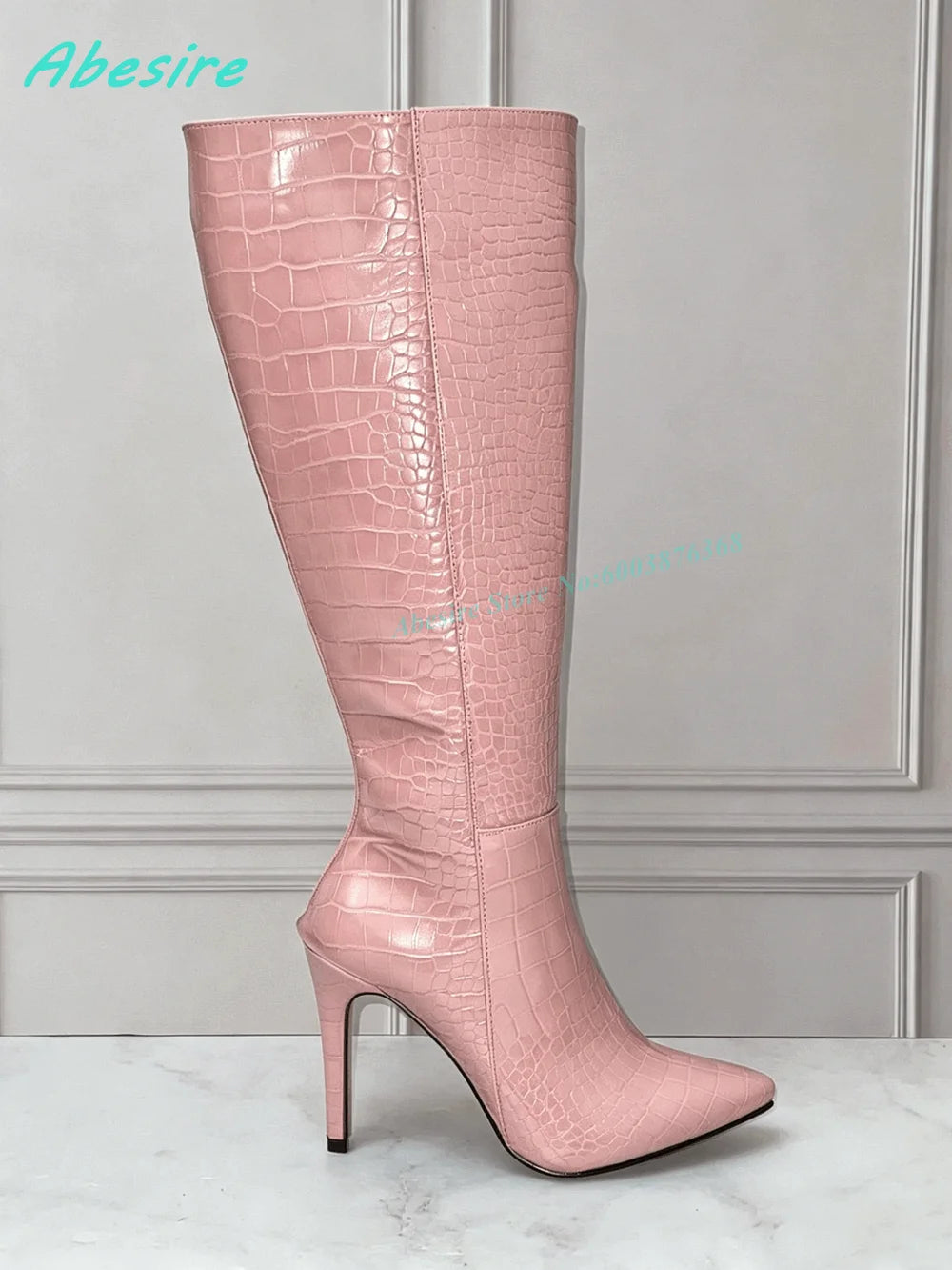 Burgundy Crocodile Pattern Knee High Boots Pointed Toe Stiletto Heel Side-Zipper Women's Boots Retro Sexy Daily Party Shoes