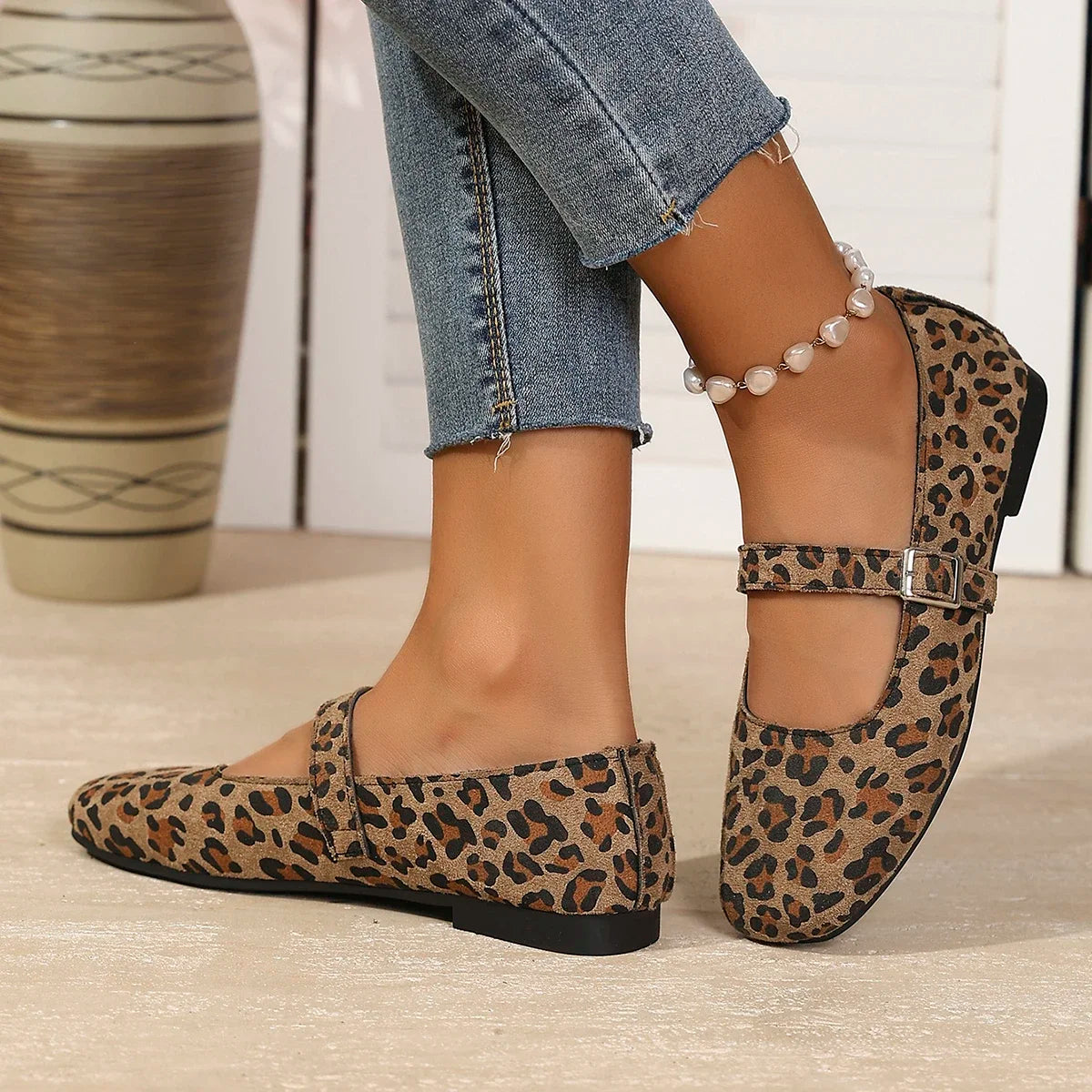 Leopard Print Suede Square Toe Low Heel Shoes for Women