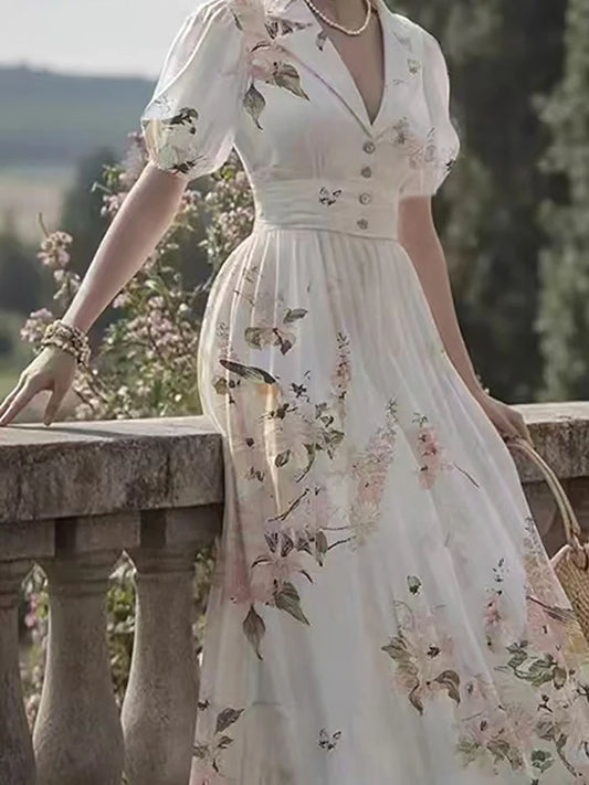 New Summer Puff Sleeve Pleated Women's Dress Casual Lapel Prom President Dresses Fashion Flower Print High Waist Holiday Dress