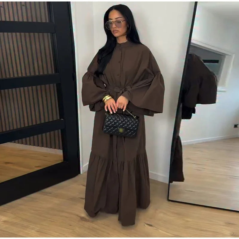 Casual Belted Long Lantern Sleeve Button Dress for Women