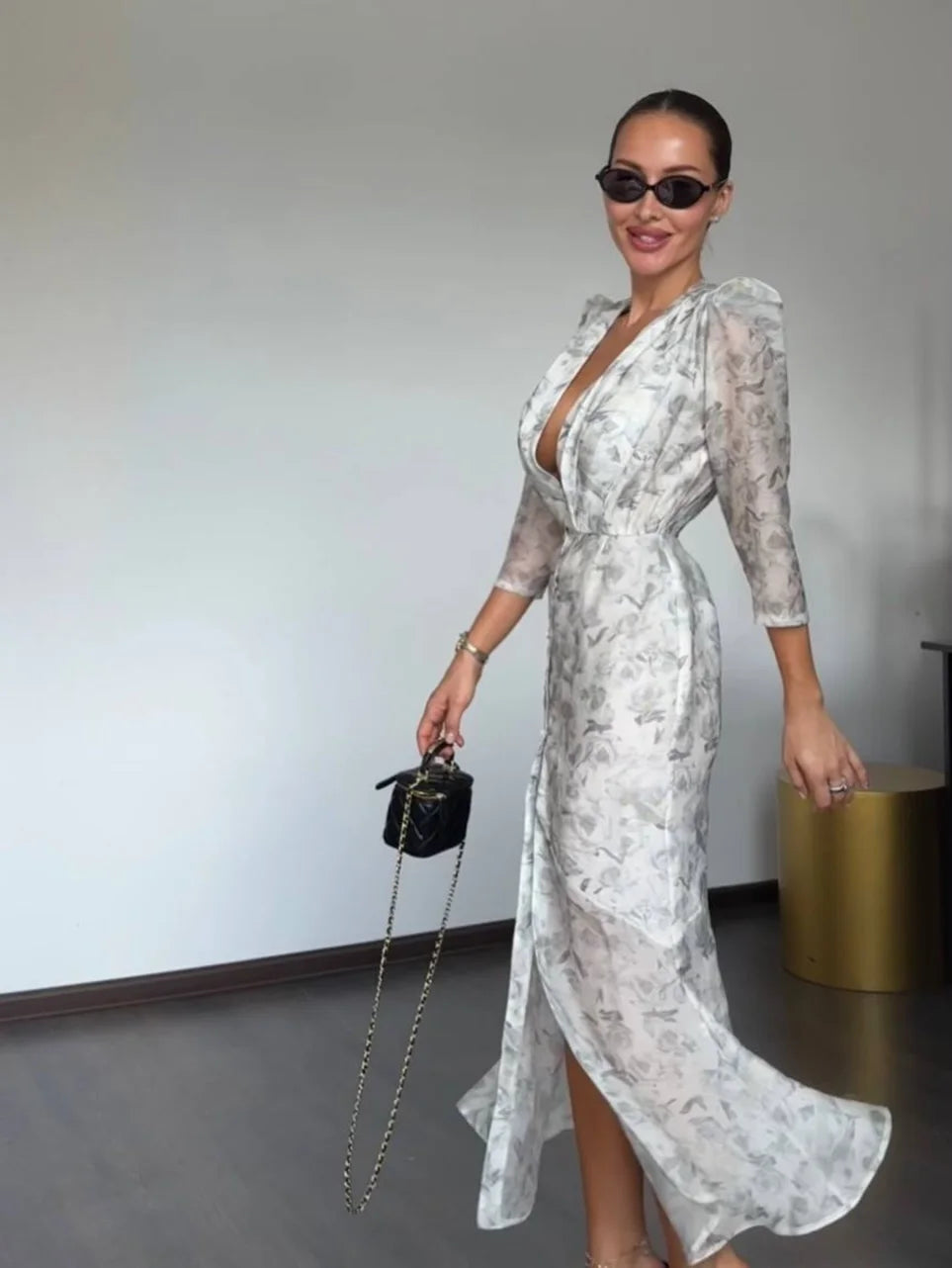 Printed Organza Deep V-neck Half Sleeve Cinched Waist Pleated Dress for Women