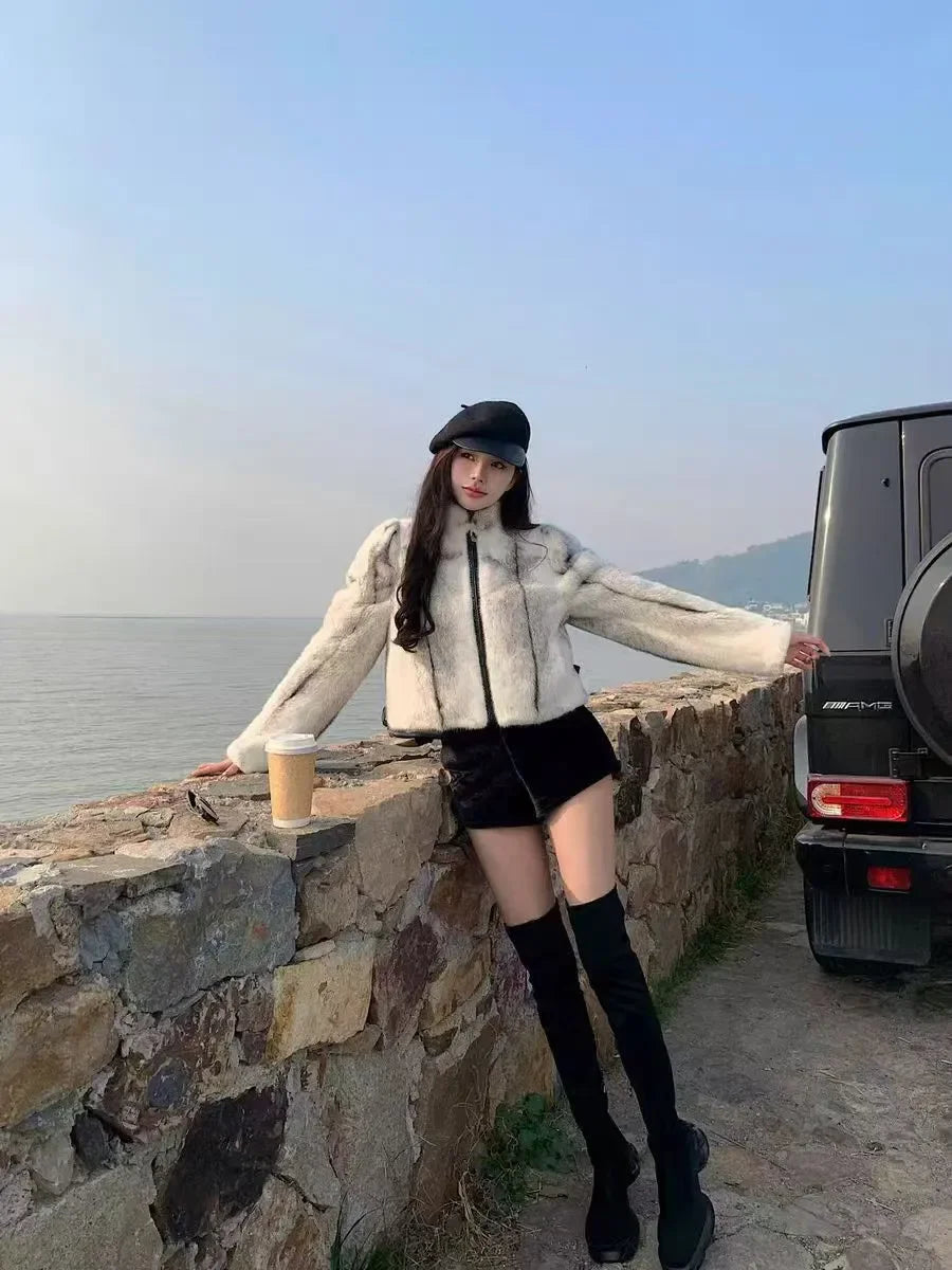 Faux Mink Fur Coat for Women,Short Jackets,O-Neck Overcoat,Female Clothes,High-Quality，England Style,Autumn,Winter,New