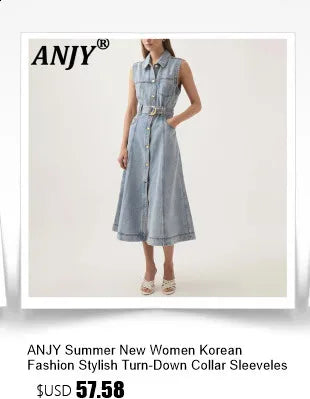 ANJY Summer New Women's Tide High Street Y2K Chic Trendy Sleeveless Halter Neck Backless Waist Cinching Zipper Denim Dress A8053