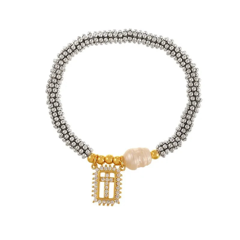 Cubic Zirconia Pearl Cross Bracelet