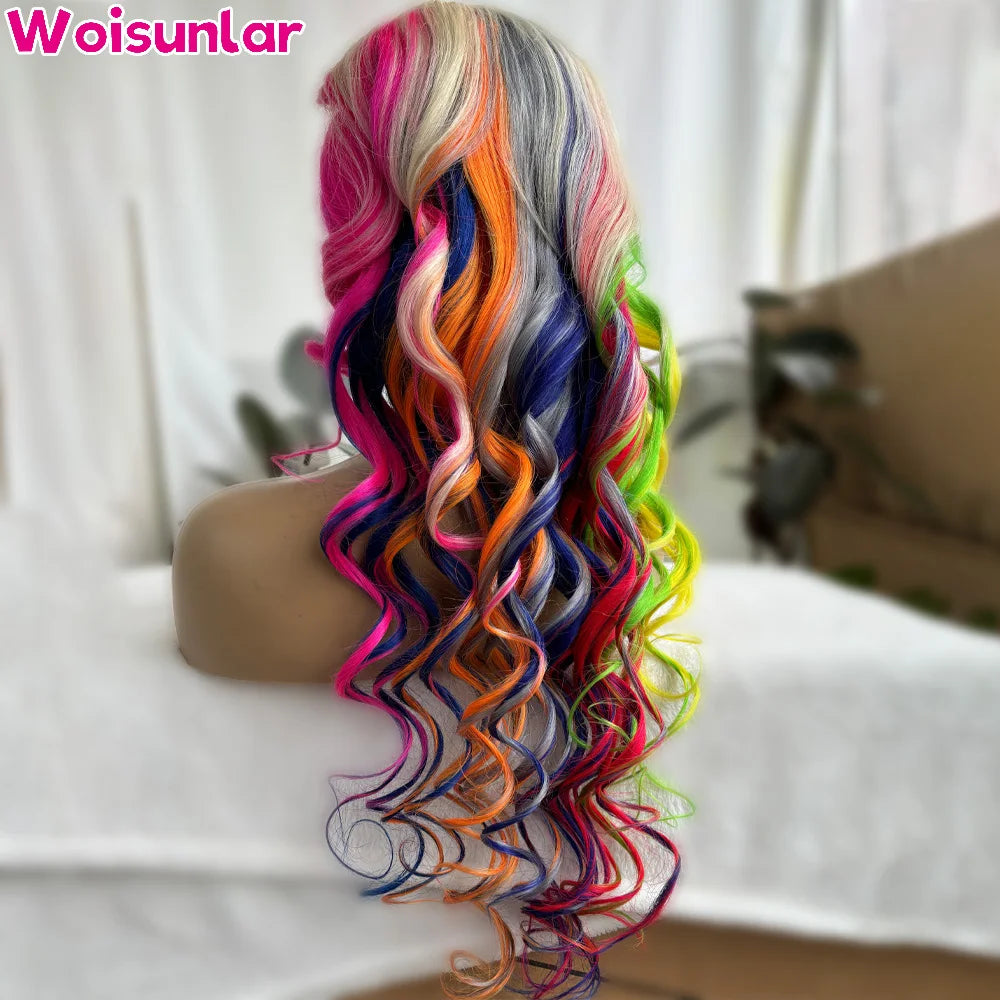 Highlight Colored Green Yellow and Blue Pink Front Wigs Human Hair For Women Body Wave 13x4 Transparent lace Frontal human hair