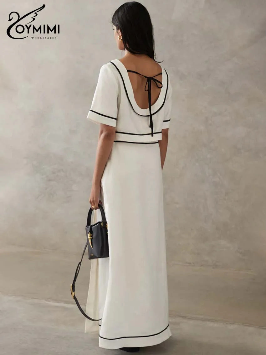 Oymimi Fashion White Cotton Two Piece Outfits Woman Elegant O-Neck Patchwork Short Sleeve Open Back Tops And Straight Skirts Set