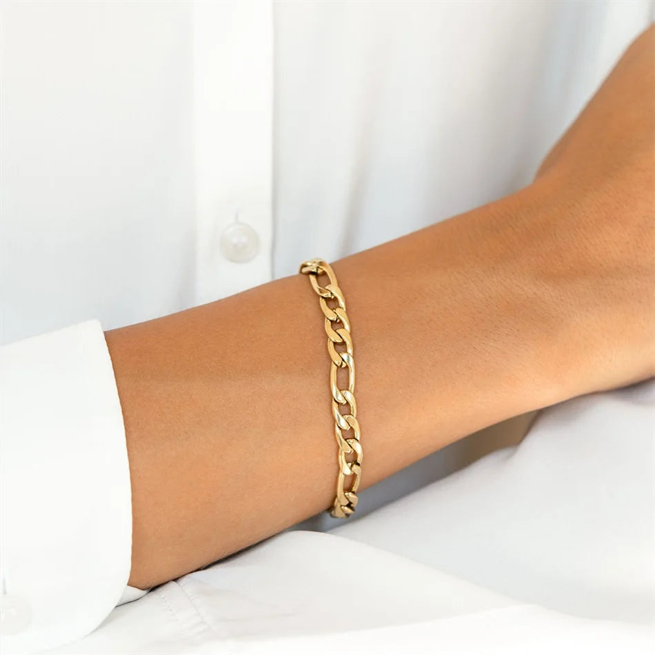 Gold Tone Stainless Steel Figaro Chain Bracelet for Women