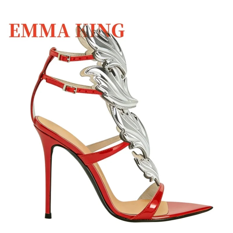 Metallic Winged Ankle Strap High Heel Sandals for Women