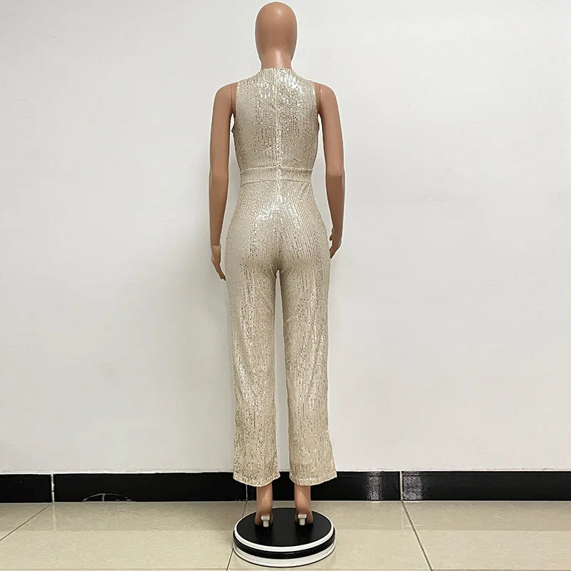 Elegant Silver Sequined Straight Cut Jumpsuit for Women