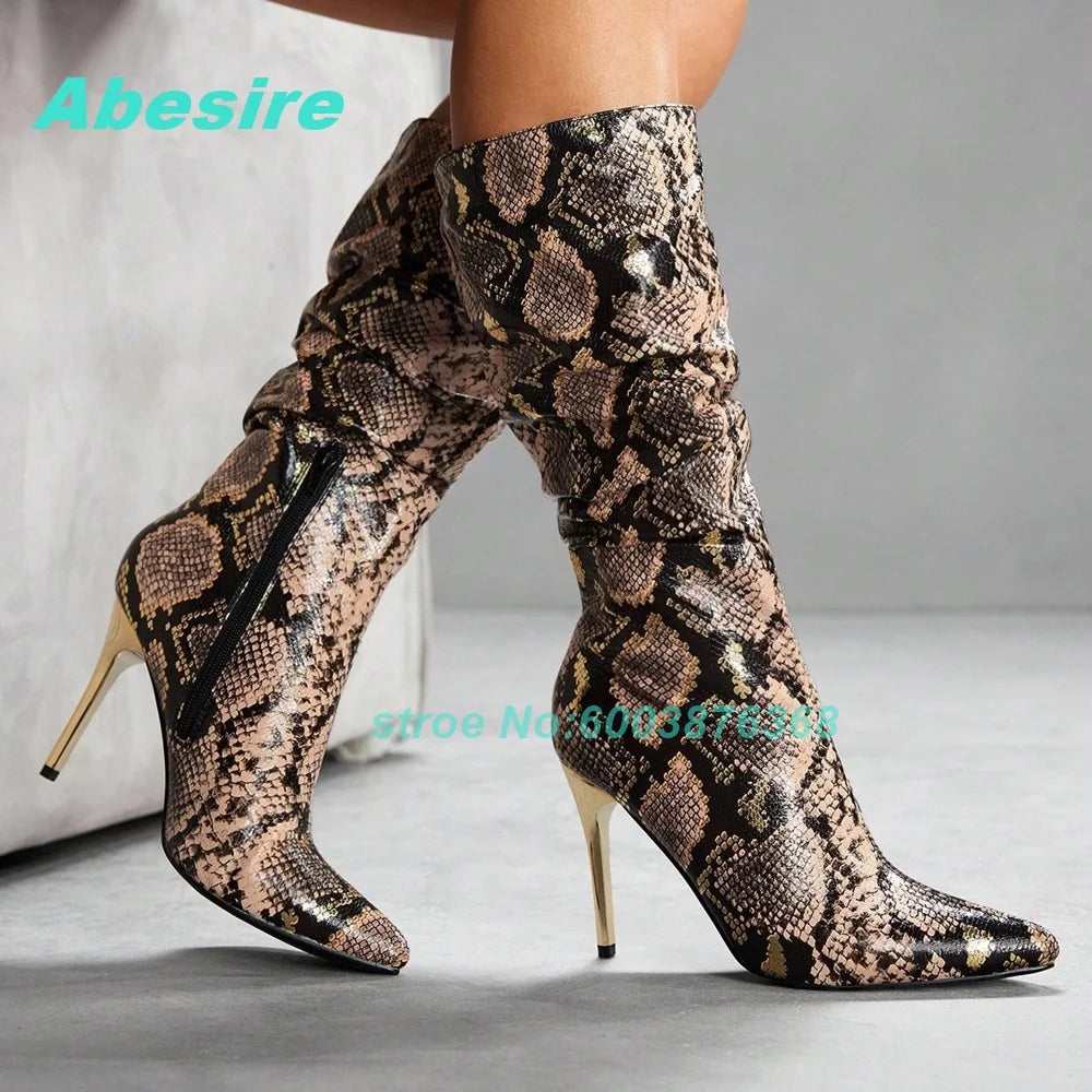 Snake-Pattern Pleated Patchwork Knee High Boots Pointed Toe Thin Heels Back Zipper Shoes for Women Spicy Girls Retro Shoes New
