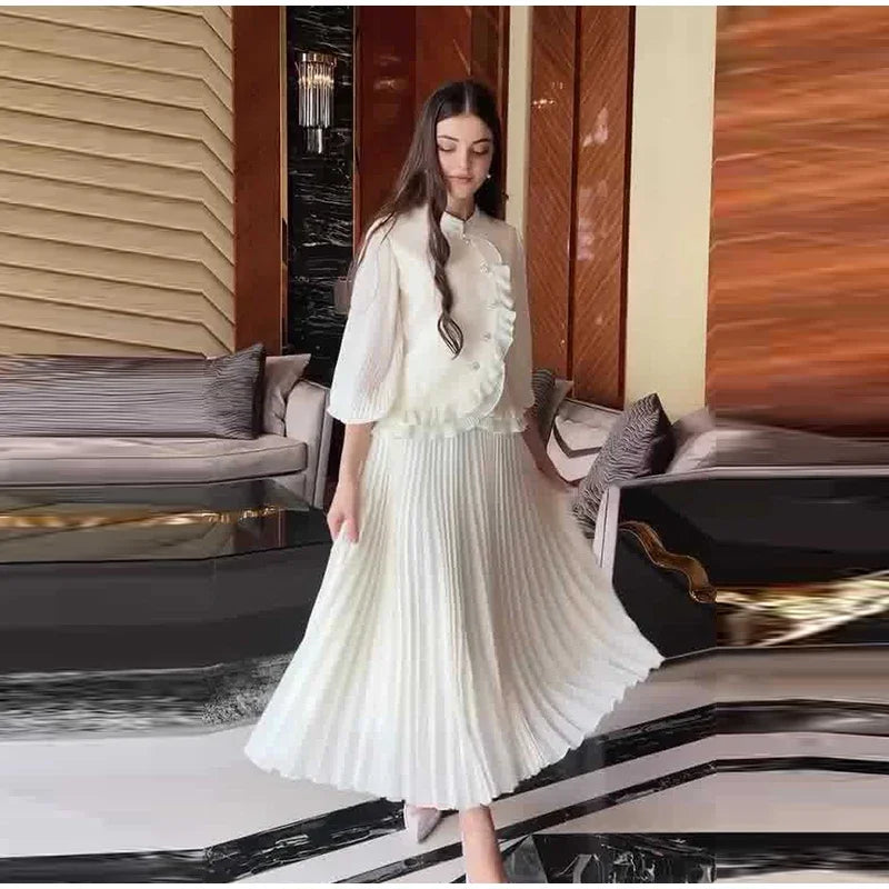 Ruffle Lantern Sleeve Top and Pleated Skirt Set for Women