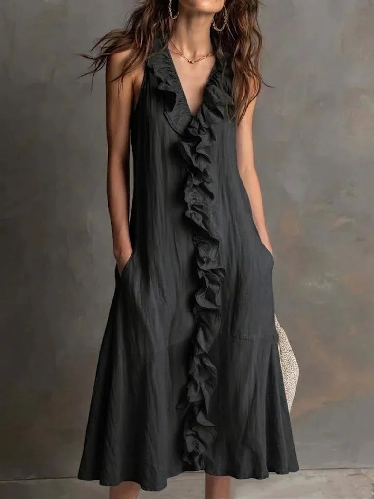 Solid Color Ruffle Trim V Neck Sleeveless Midi Dress with Pocket for Women