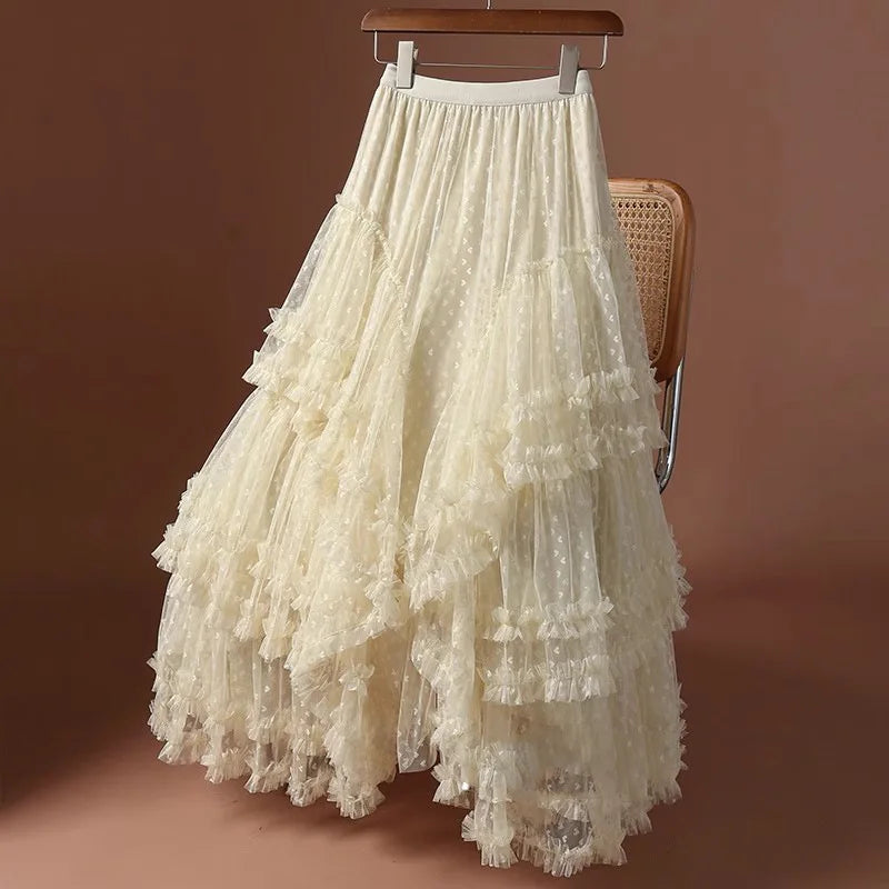 Romantic Vintage Jacquard Tulle Puff Skirt for Women