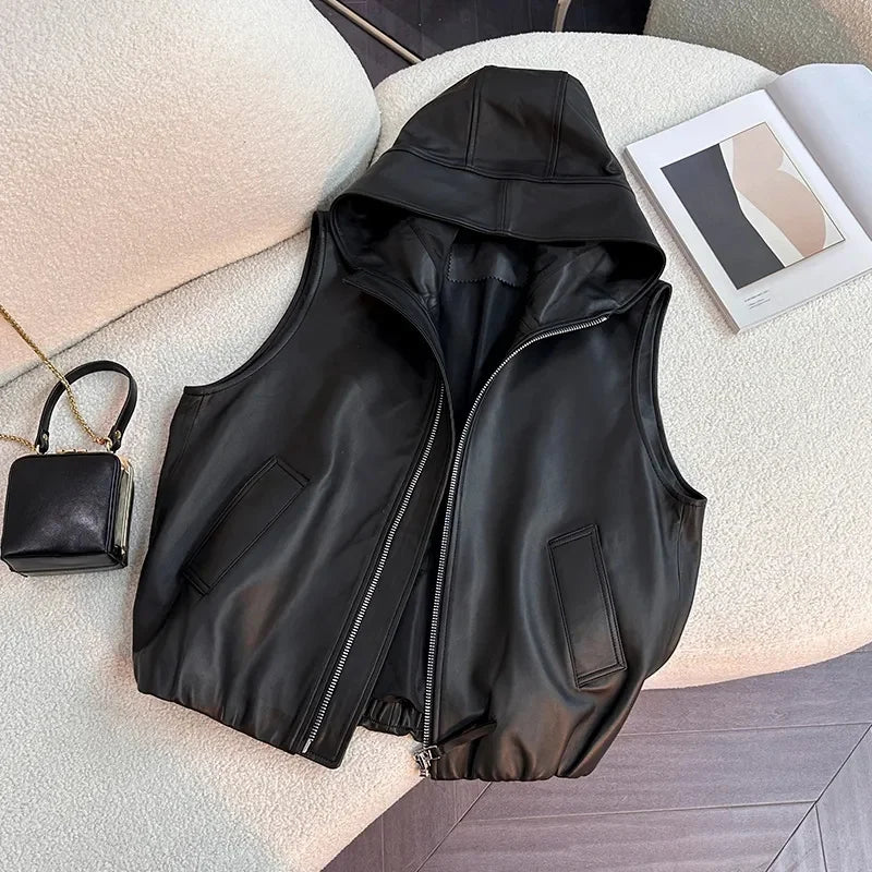 Elegant Lightweight Hooded Faux Leather Vest for Women