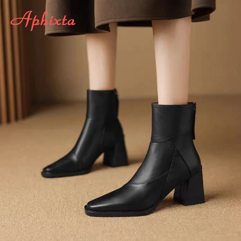 Modern High Heel Leather Ankle Boots With Back Zipper For Women