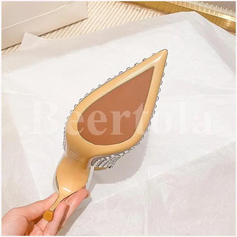 New Rhinestones Woman Sandals Diamond Pointed Toe Shallow Thin High Heels Back Strap Stilettos Female Wedding Bride Sandals
