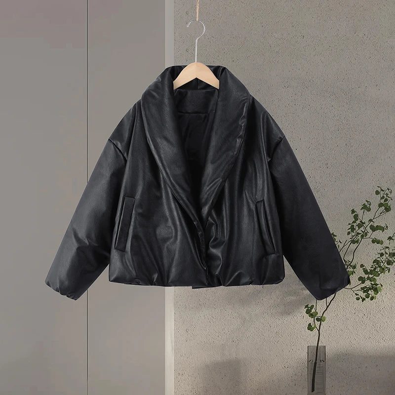 PU Leather Women's Cotton Coat Vintage Laple Full Sleeve Thicken Pockets Female Parka Jackets 2025 Autumn Winter Lady Streetwear