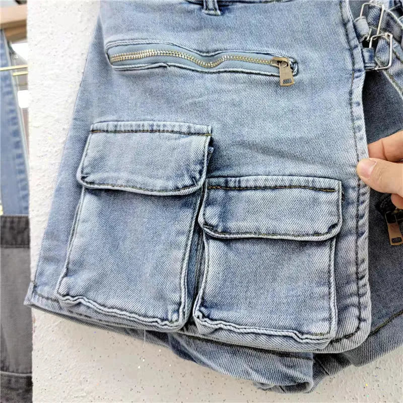 Irregular multi-pocket tooling A-word shorts women's loose wide-leg pants 2024 summer strap-on denim skirt pants