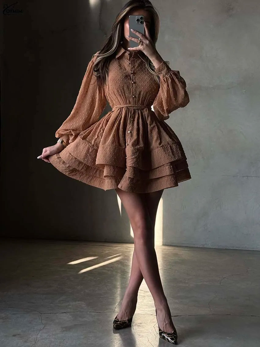 Oymimi Elegant Red Lapel Dresses 2025 Woman Casual Long Sleeve Single Breasted Dresses Fashion High Waisted Ruffled Mini Dress