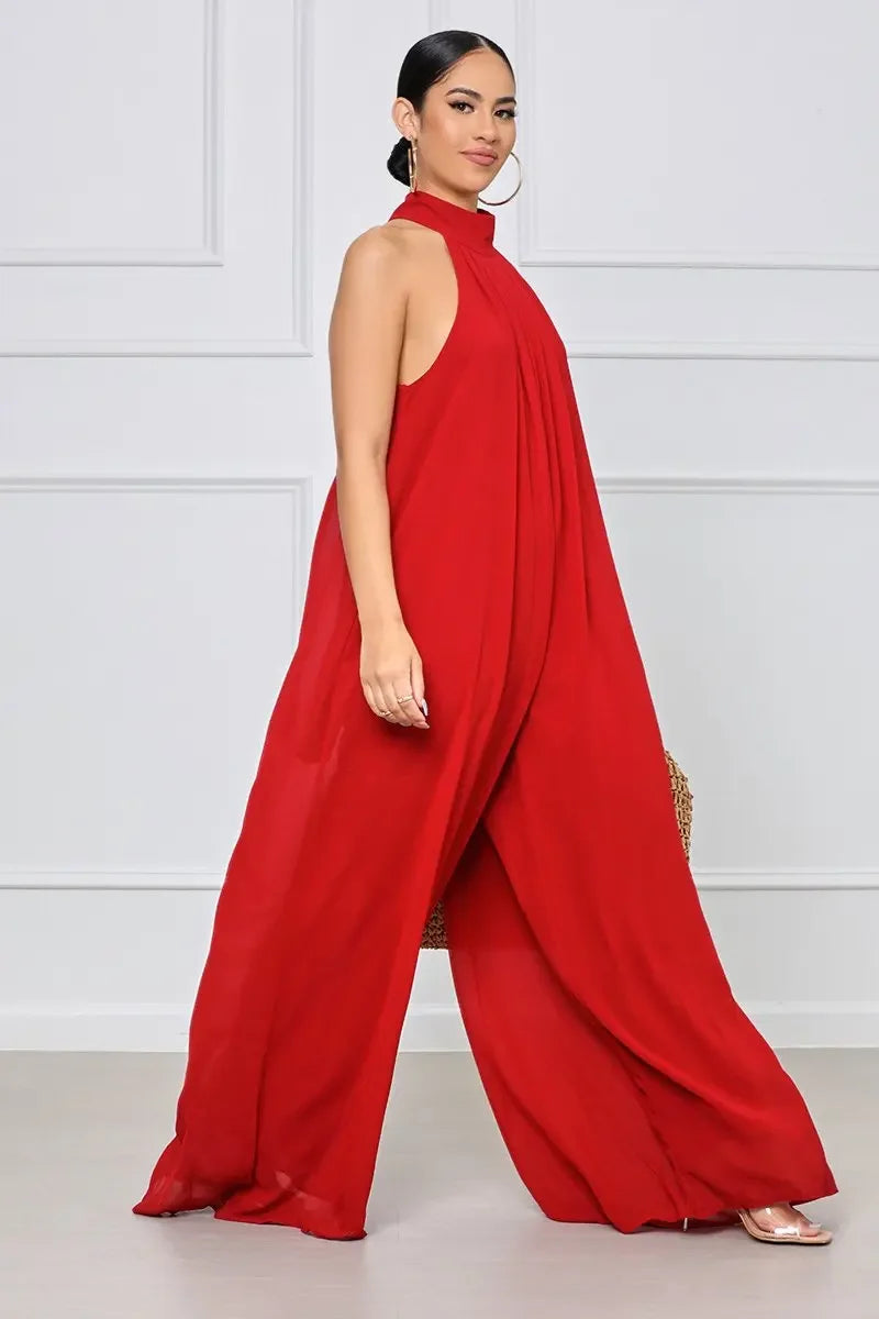 Loose Fit Solid Color Chiffon Ankle Length Jumpsuit for Women